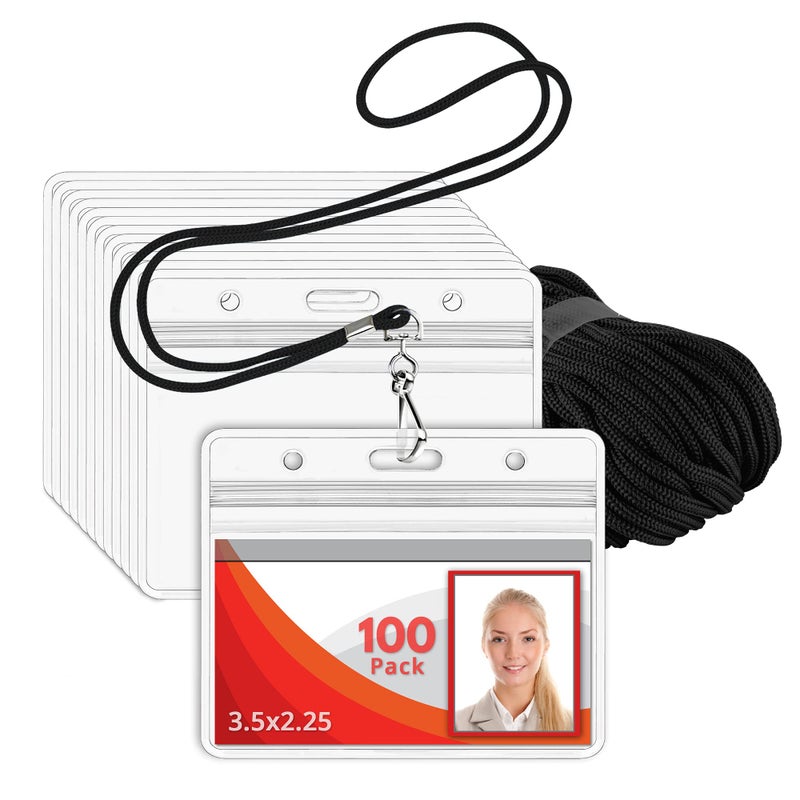 MIFFLIN Lanyard (Black, 3.5x2.25 inch, 100 Pack) with Clear Plastic Horizontal ID Badge Holder, Heavy Duty Name Pouch with Soft, Woven, Neck Lanyards - Image 1